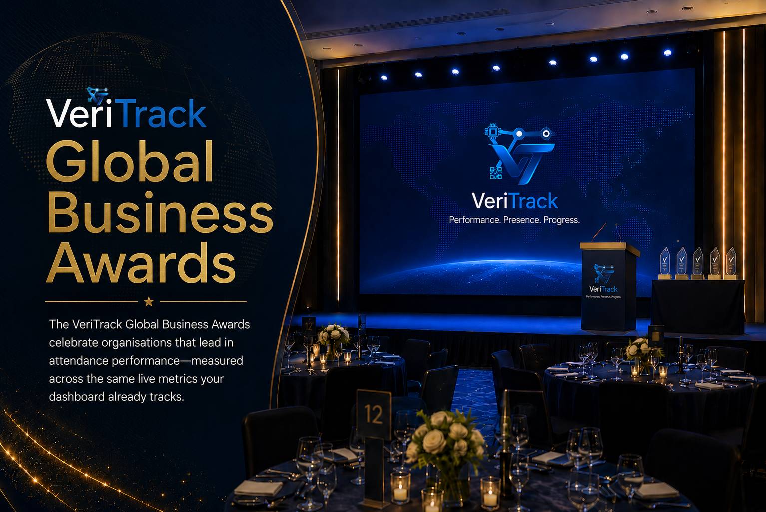 VeriTrack Global Business Awards official flyer — Performance. Presence. Progress.