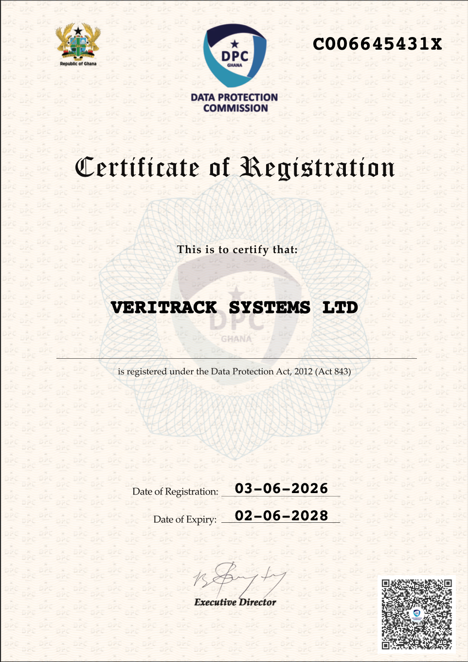 Ghana Data Protection Commission certificate for VeriTrack Systems